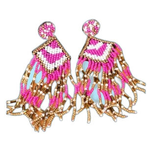 Pink White Gold Seed Bead Tassel Fringe Earrings